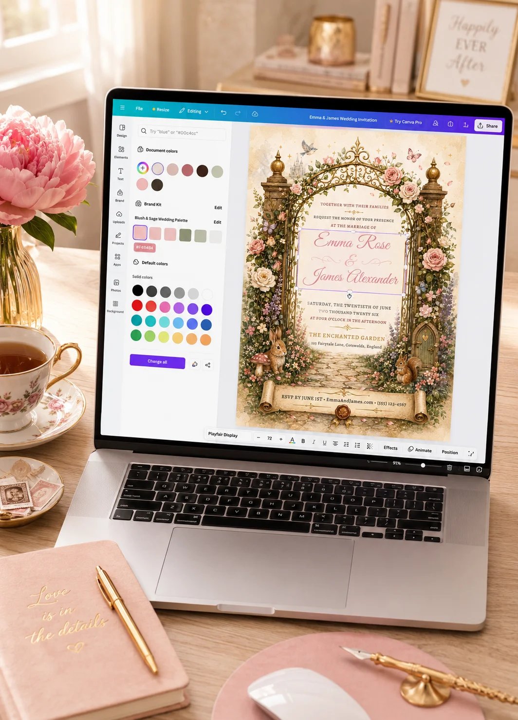 Fairytale Garden Editable Wedding Invitation shown in Canva with floral arch artwork and soft romantic styling