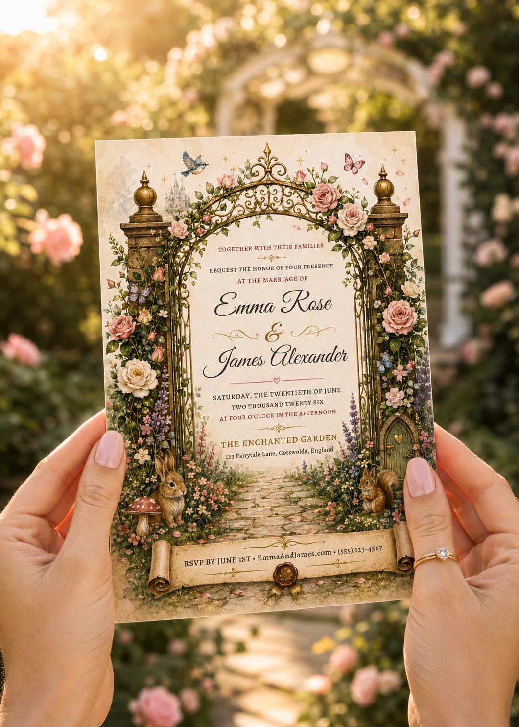 Fairytale Garden Editable Wedding Invitation with floral arch, pastel roses, and enchanted woodland details