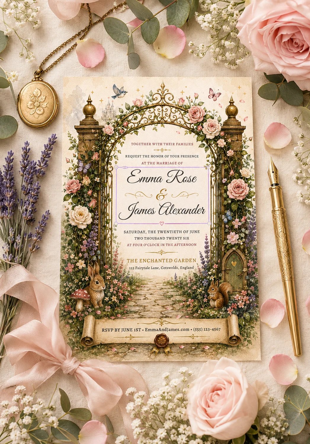 Fairytale Garden Editable Wedding Invitation in a romantic flat lay with roses, ribbon, and gold pen
