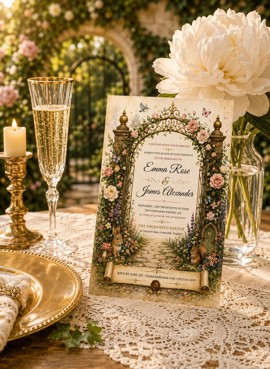 Fairytale Garden Editable Wedding Invitation styled on a romantic wedding table with florals, candlelight, and champagne