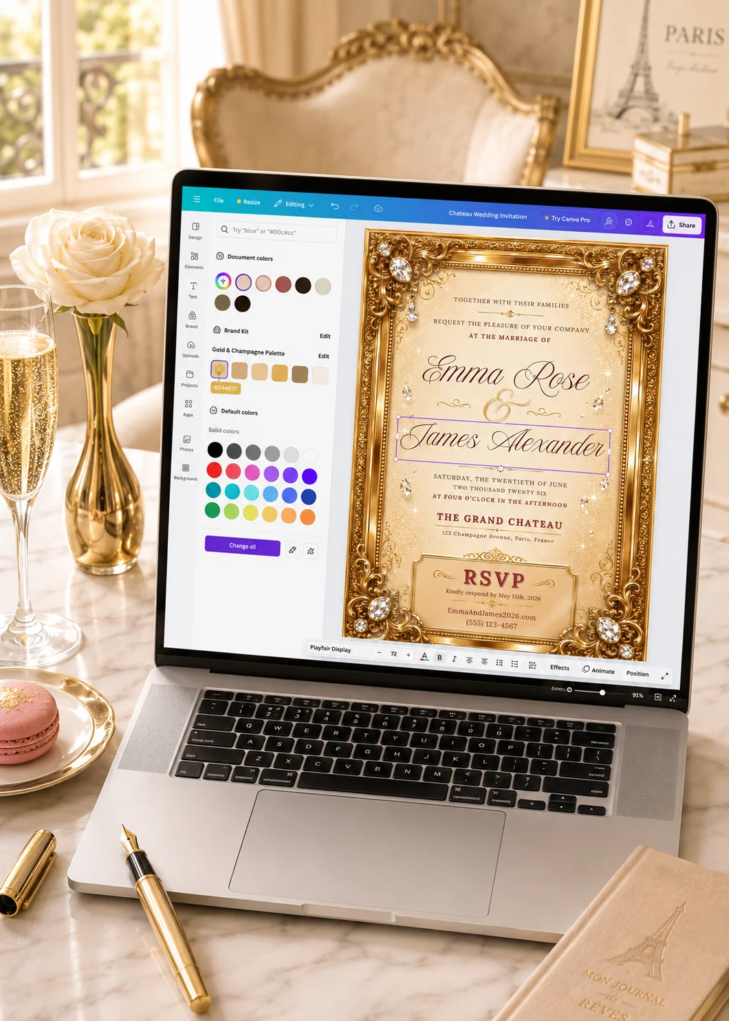 Luxury Gold Diamond Editable Wedding Invitation displayed in Canva with ornate gold frame and crystal details
