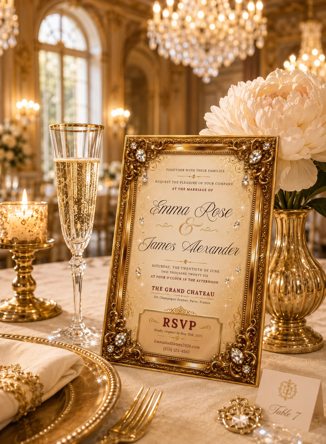 Luxury Gold Diamond Editable Wedding Invitation styled on an elegant table with champagne, candlelight, and gold decor