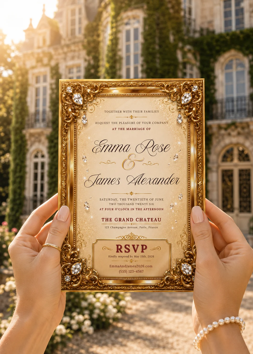 Luxury Gold Diamond Editable Wedding Invitation held in hand with ornate gold frame and château backdrop