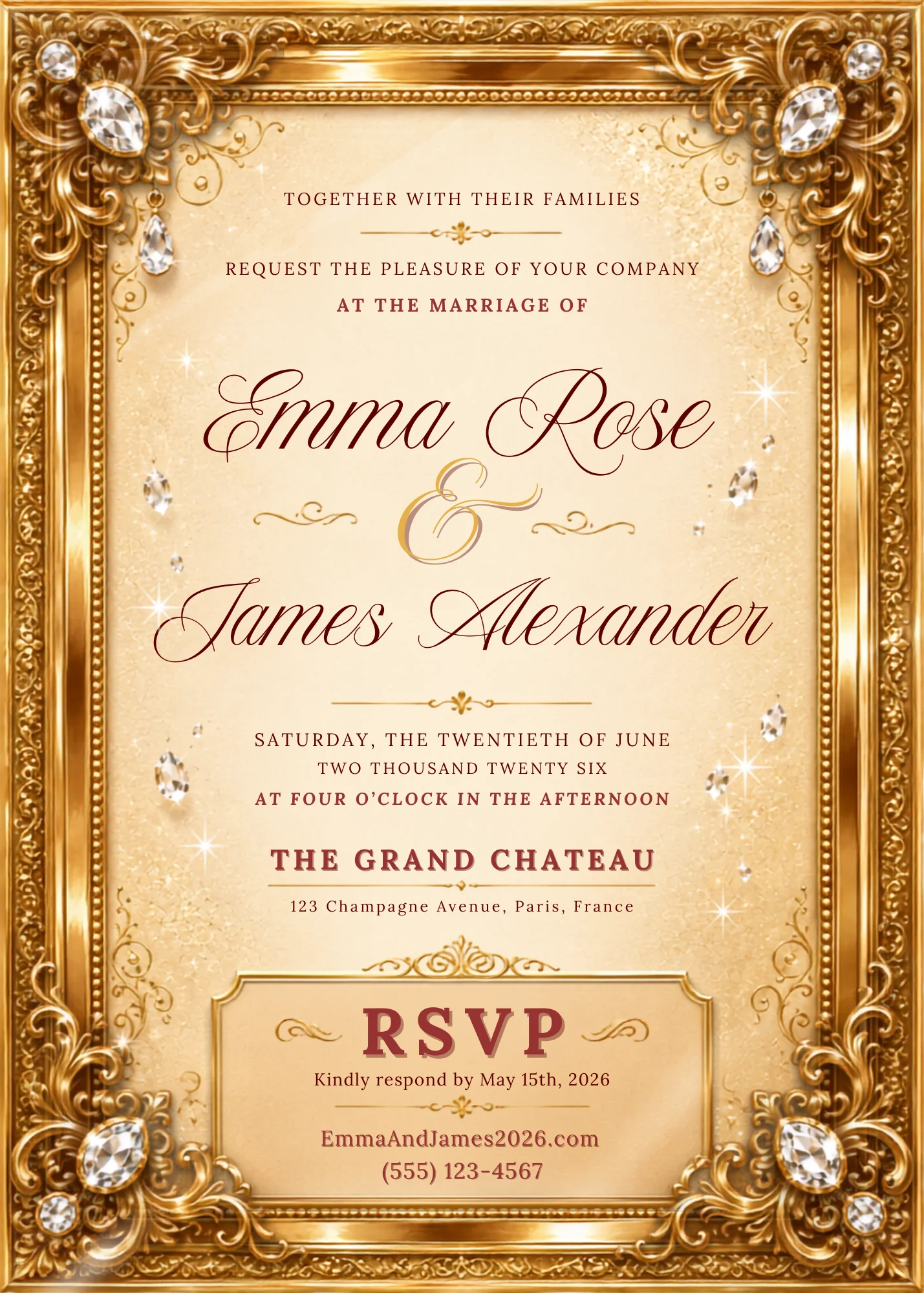 Luxury Gold Diamond Editable Wedding Invitation with ornate gold frame, crystal accents, and elegant typography