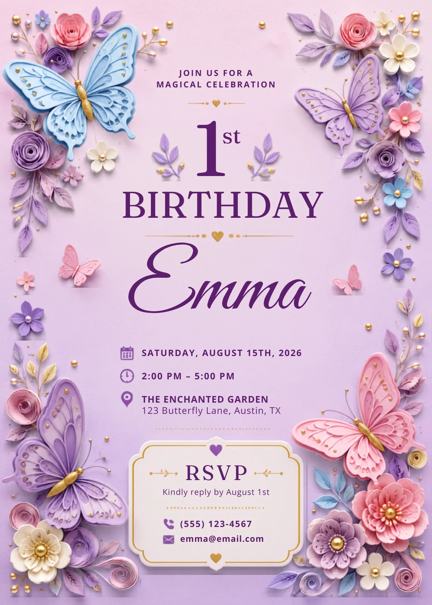 Pastel butterfly editable birthday invitation for Emma's first birthday at Enchanted Garden.