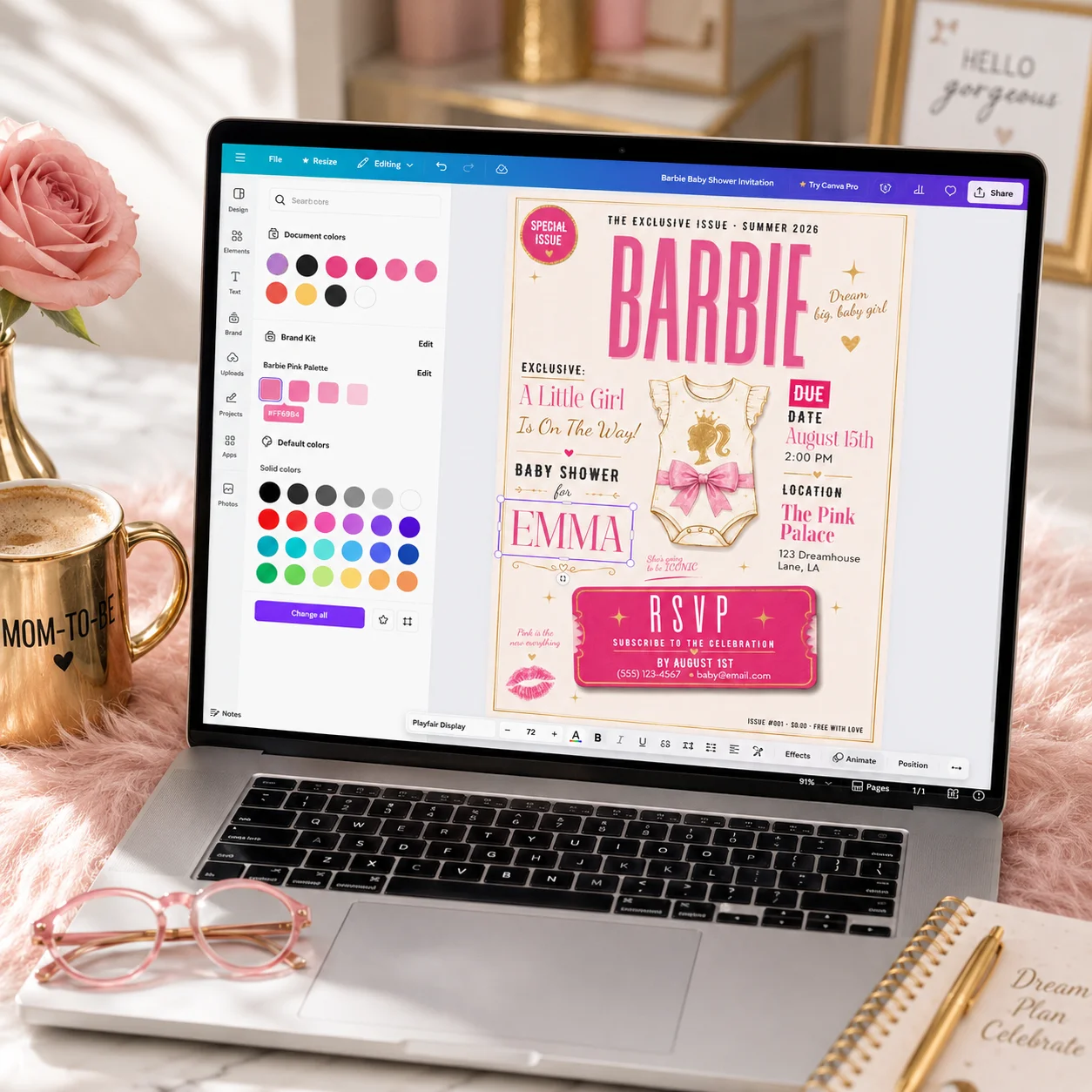 Pink Fashion Magazine Editable Baby Shower Invitation shown in Canva mockup with chic baby girl styling