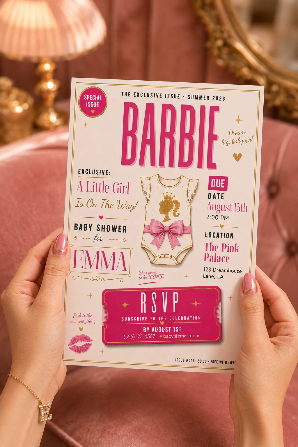Pink Fashion Magazine Editable Baby Shower Invitation with editorial pink layout and chic baby girl theme