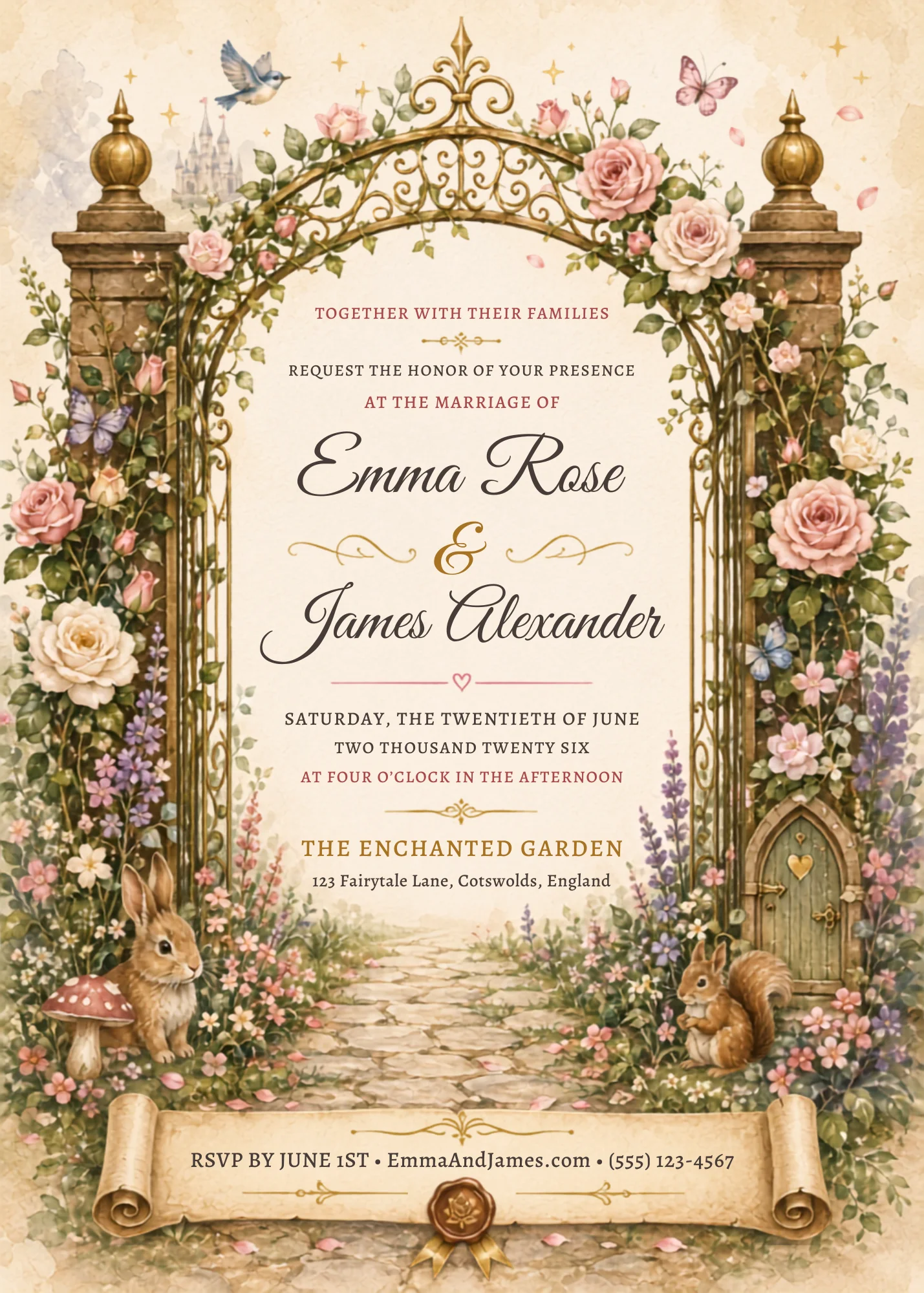Fairytale Garden Editable Wedding Invitation with floral gate artwork, pastel roses, and enchanted woodland details