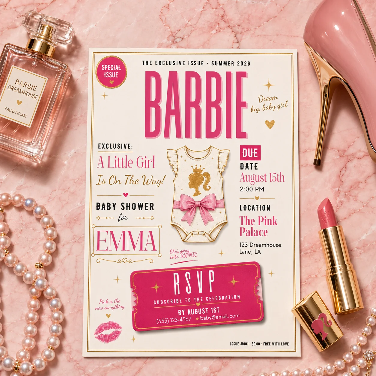 Pink Fashion Magazine Editable Baby Shower Invitation in a glam flat lay with pearls, heels, and lipstick