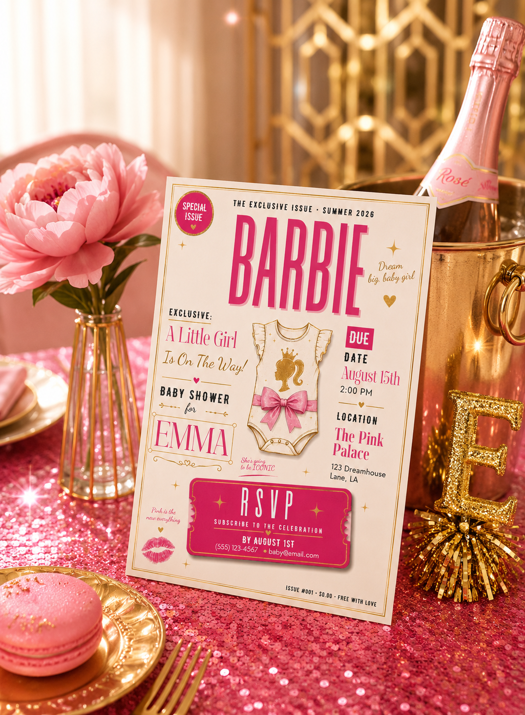 Pink Fashion Magazine Editable Baby Shower Invitation in a luxury party mockup with glam pink decor