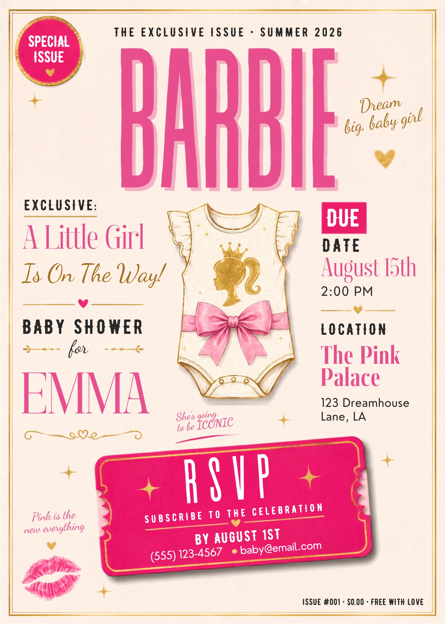 Pink Fashion Magazine Editable Baby Shower Invitation with chic magazine cover styling and baby girl theme