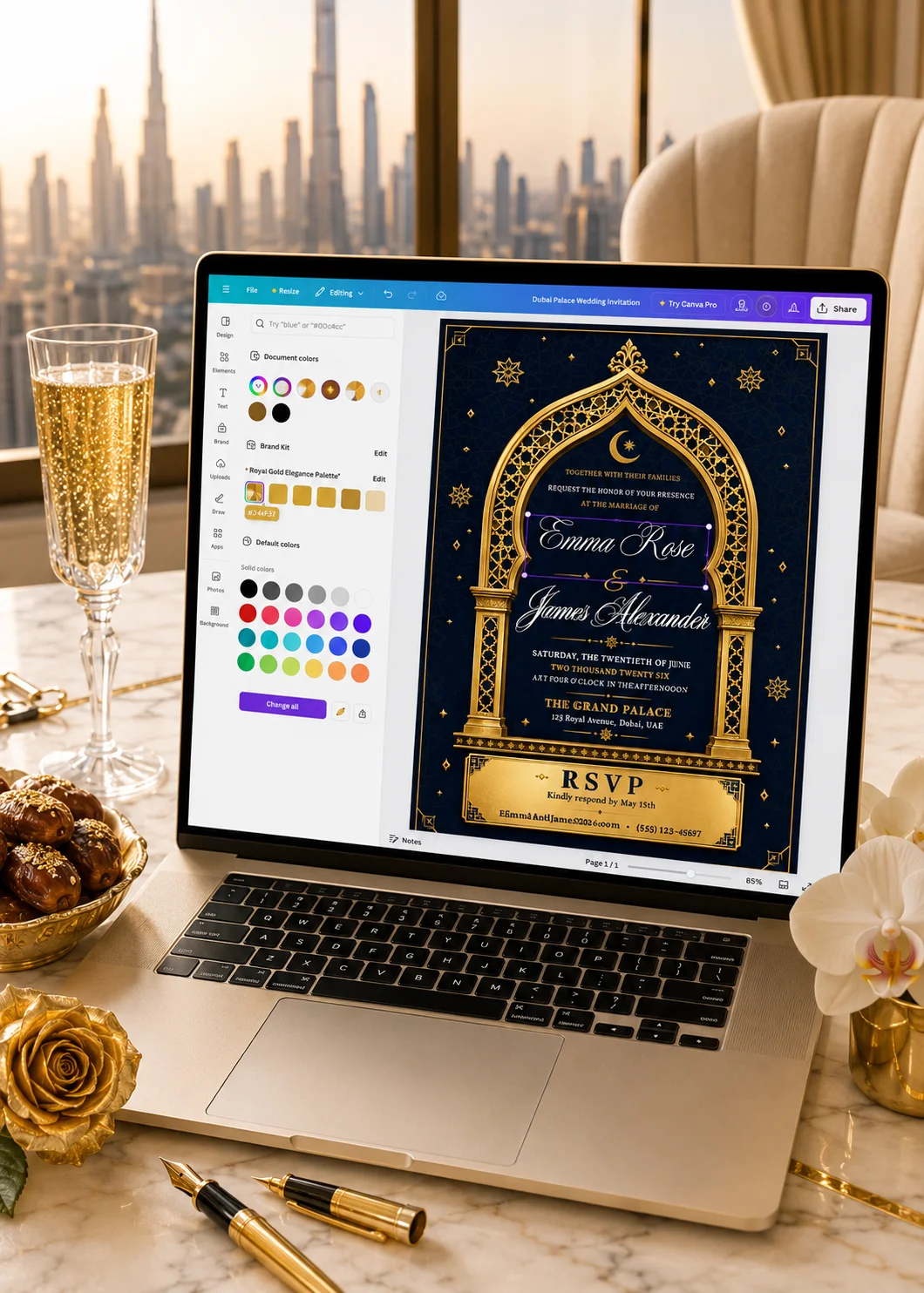 Royal Navy Gold Editable Wedding Invitation shown in Canva with ornate arch design and luxury navy gold styling