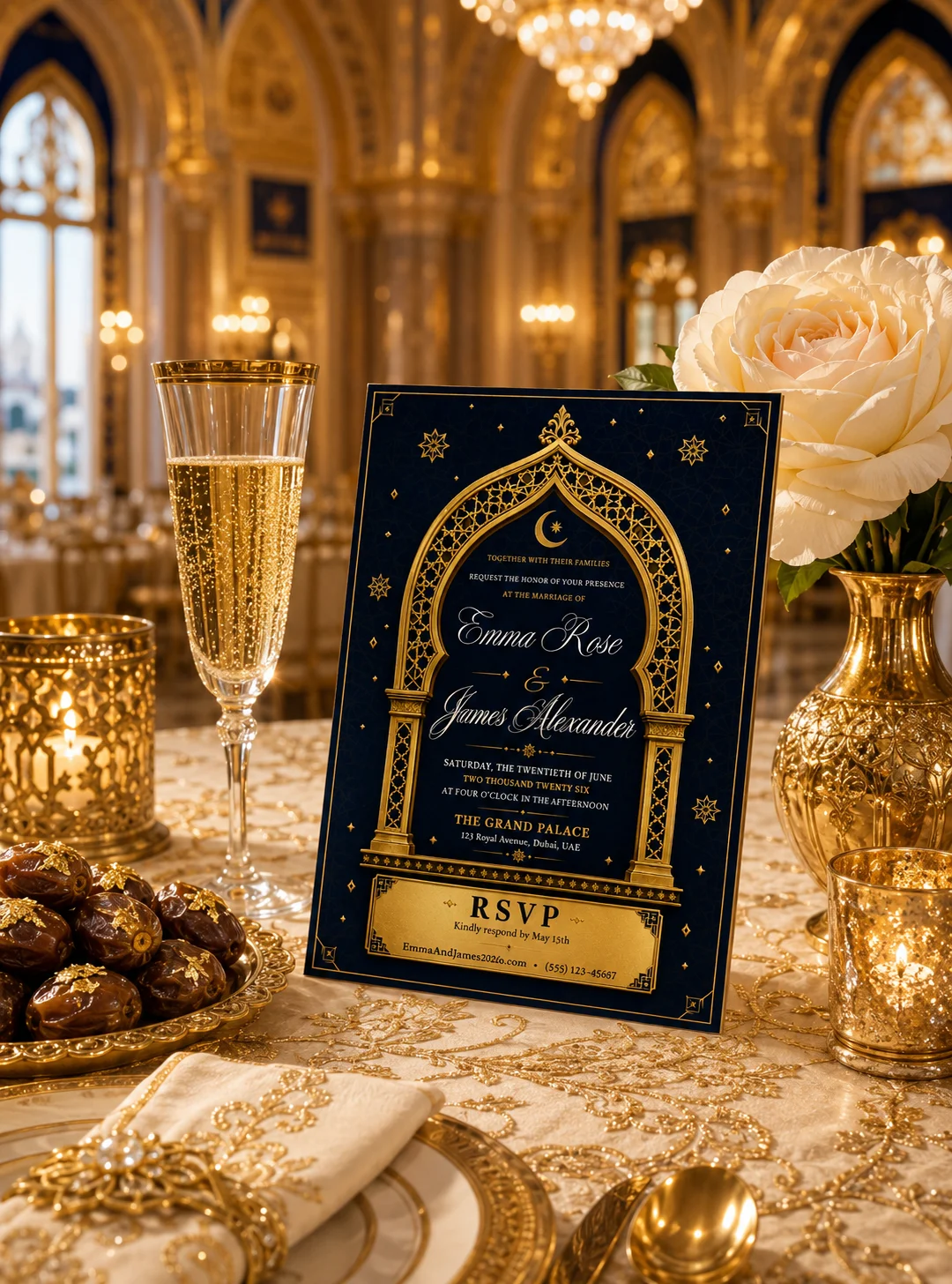 Royal Navy Gold Editable Wedding Invitation styled on an elegant table with candlelight, florals, and gold decor