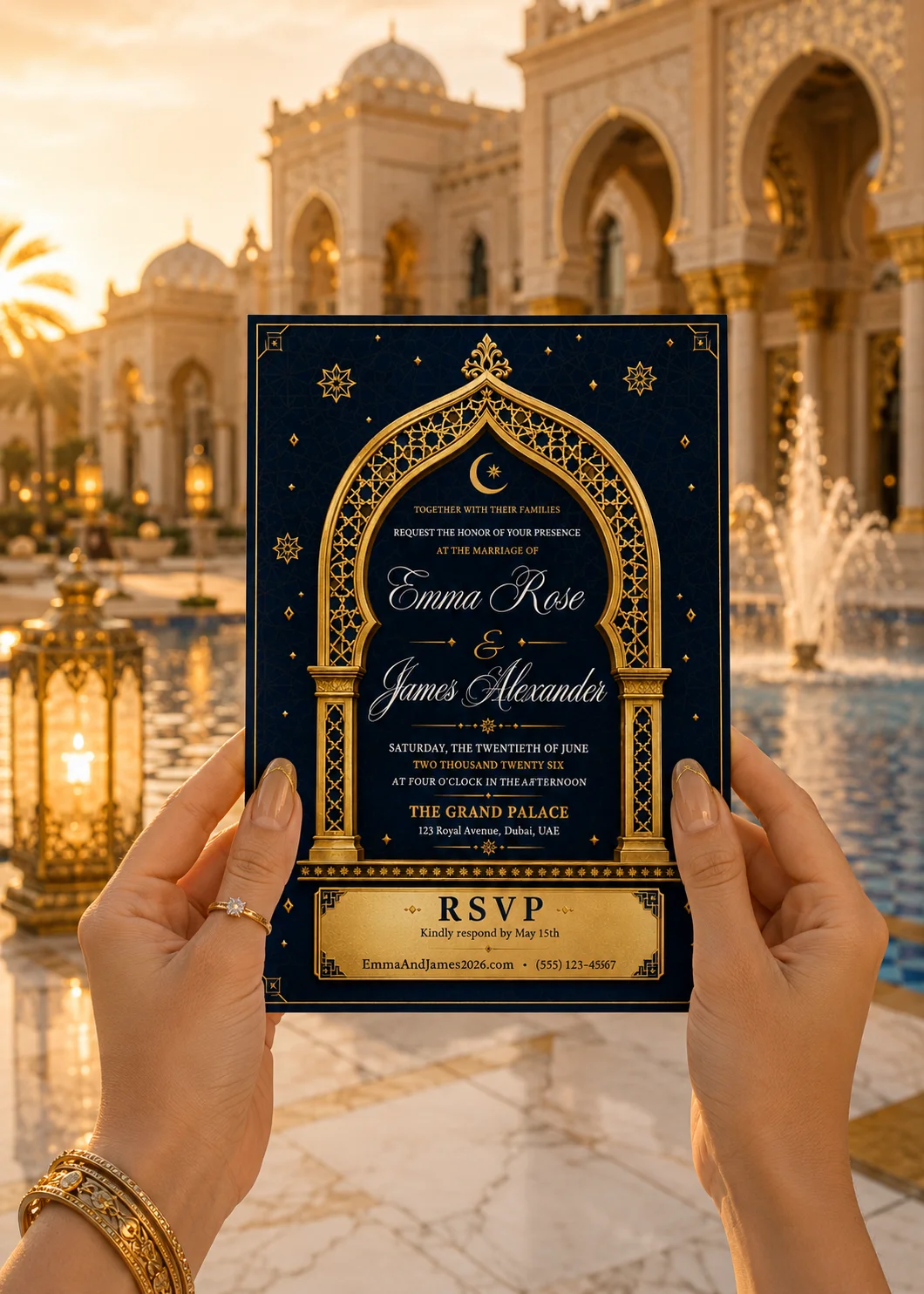 Royal Navy Gold Editable Wedding Invitation held in hand with palace backdrop and ornate gold arch details