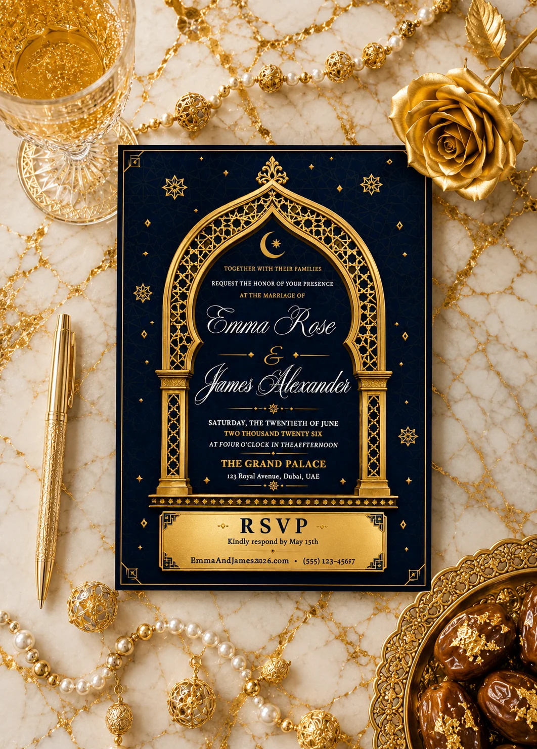 Royal Navy Gold Editable Wedding Invitation in a luxury flat lay with gold pen, pearls, and ornate details