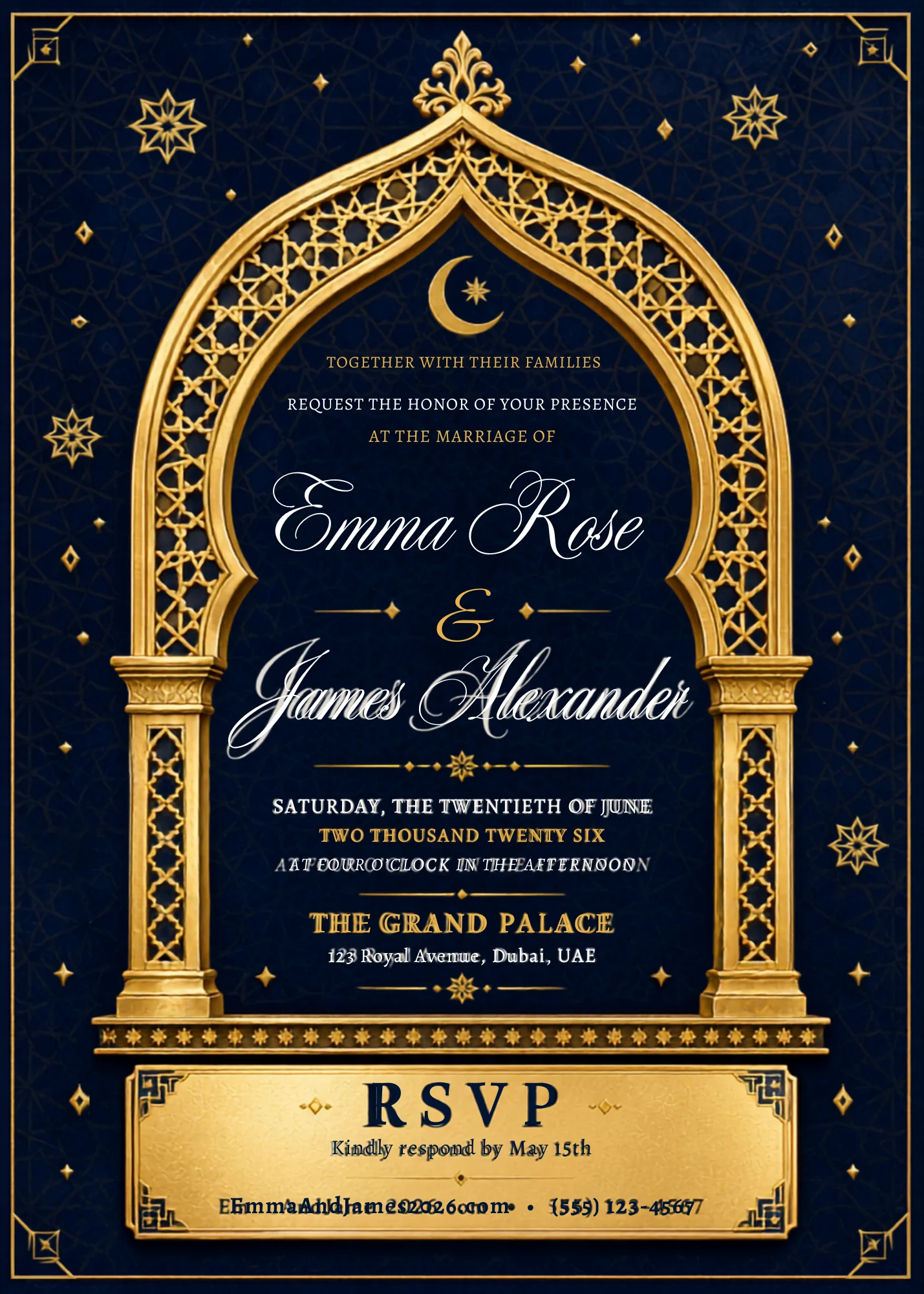 Royal Navy Gold Editable Wedding Invitation with ornate arch, navy backdrop, and luxurious gold details