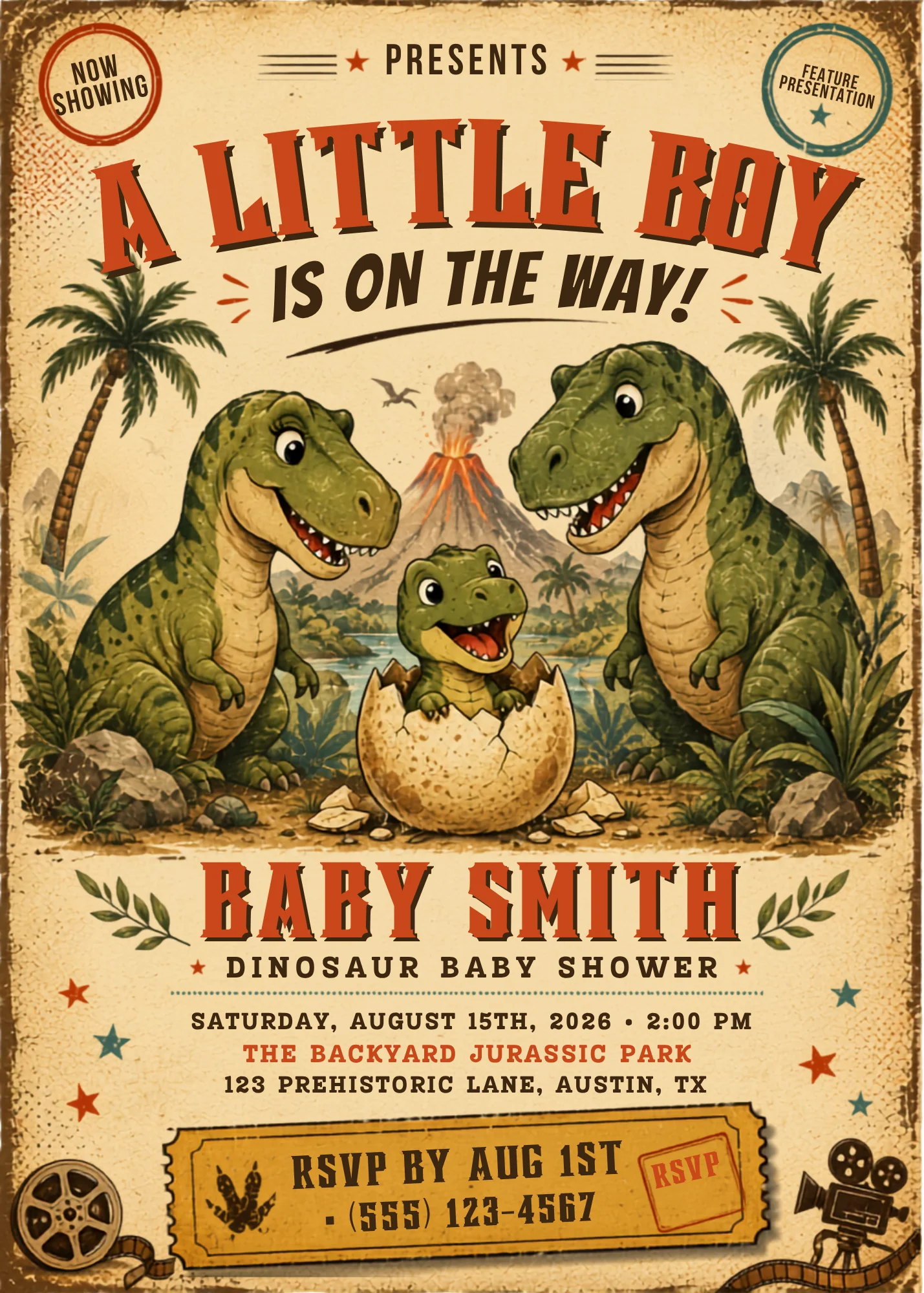 Vintage dinosaur editable baby shower invitation with retro film borders announcing a little boy dinosaur party.