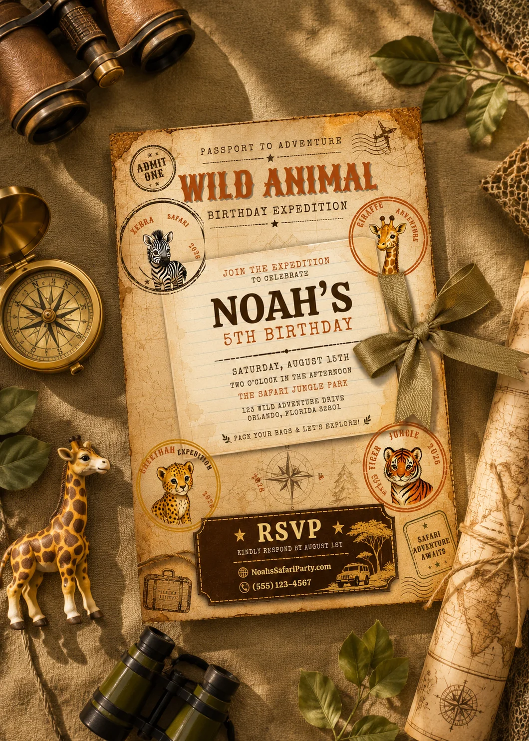 Vintage Safari Editable Birthday Invitation in an adventure flat lay with binoculars, compass, and safari props