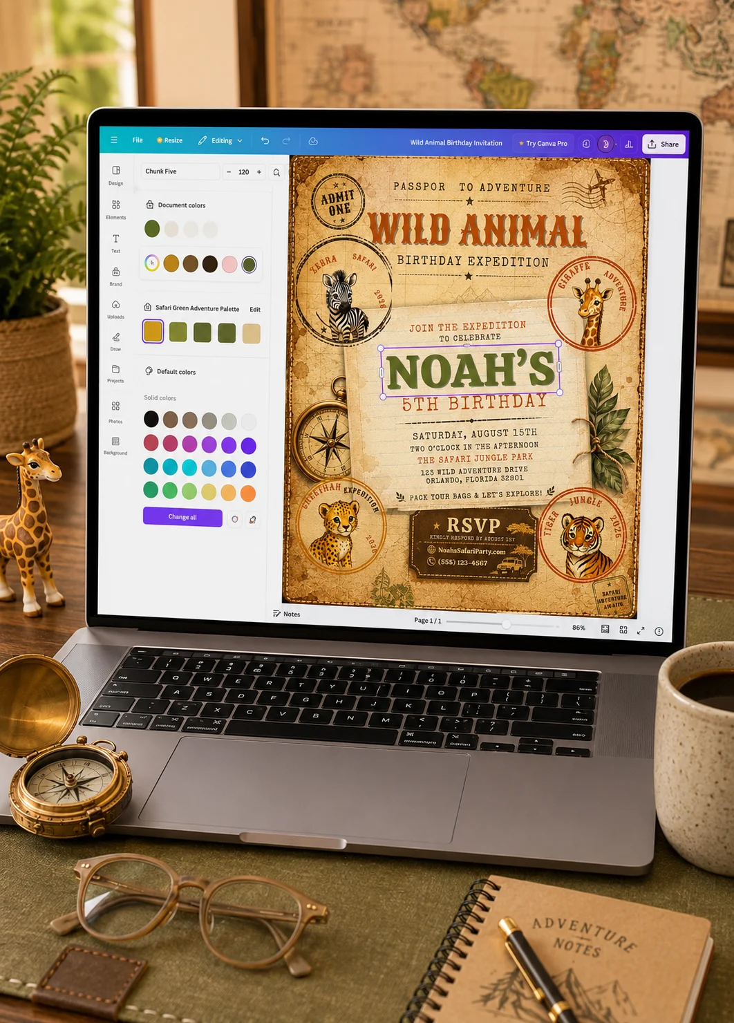 Vintage Safari Editable Birthday Invitation shown in Canva with passport theme and wild animal artwork