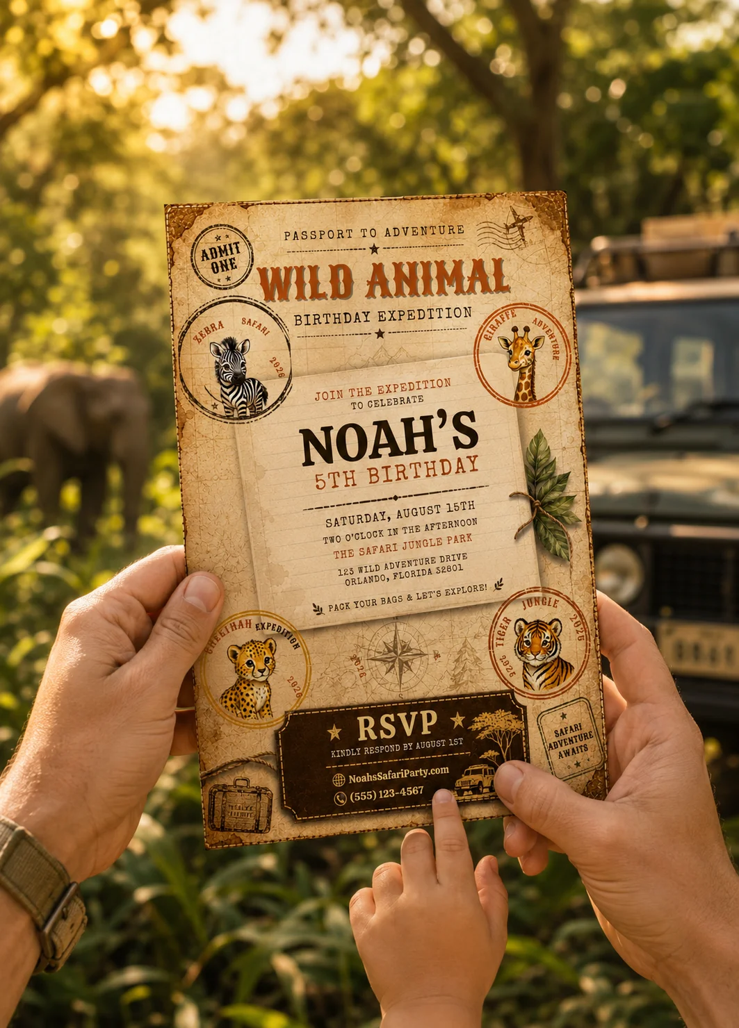 Vintage Safari Editable Birthday Invitation held outdoors with safari jeep and jungle adventure backdrop