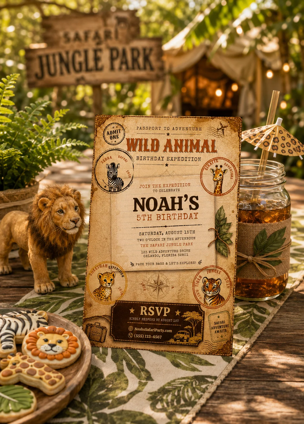 Vintage Safari Editable Birthday Invitation styled on a safari party table with jungle decor and animal treats