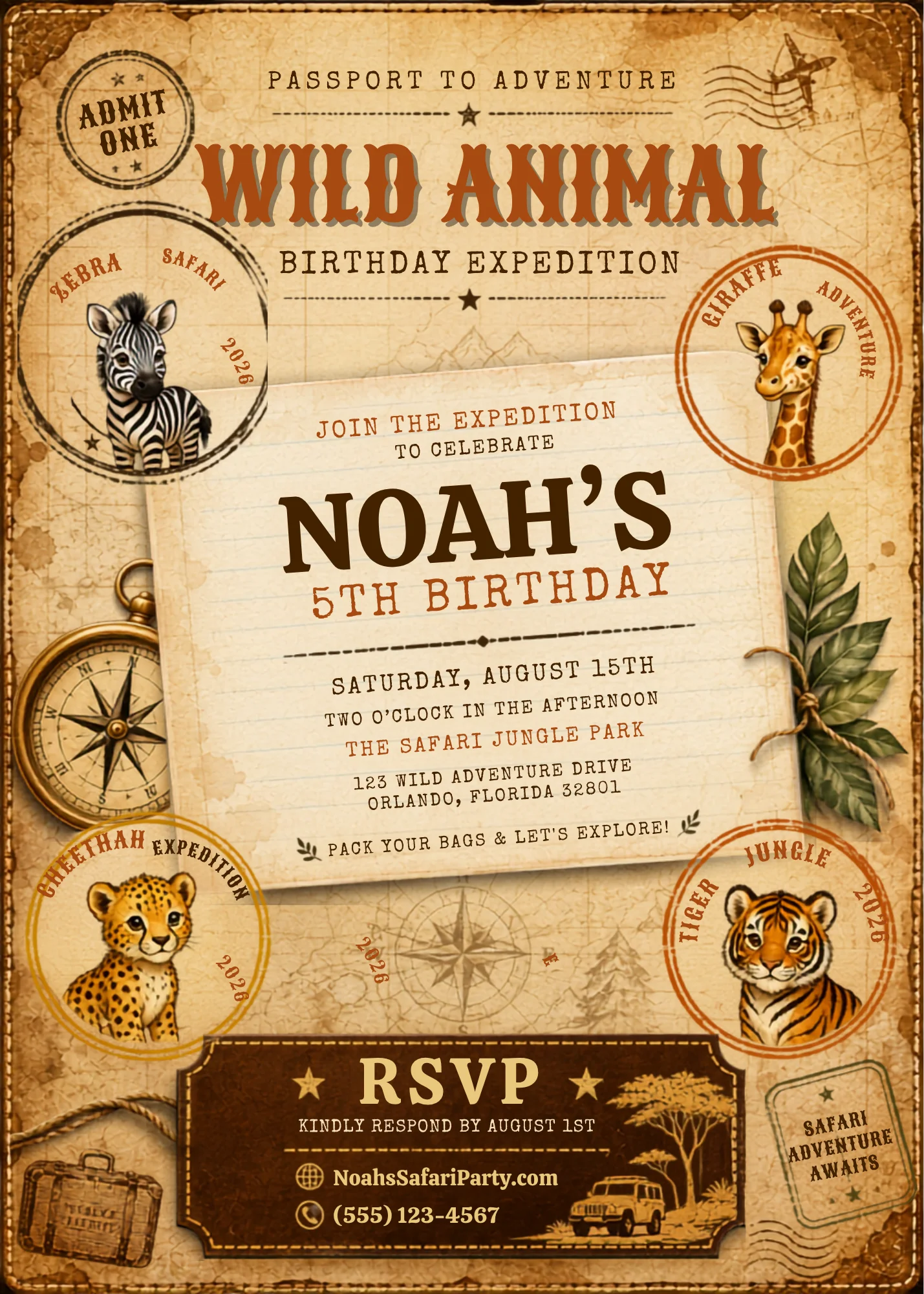 Vintage Safari Editable Birthday Invitation with passport theme, wild animals, and adventure-inspired details