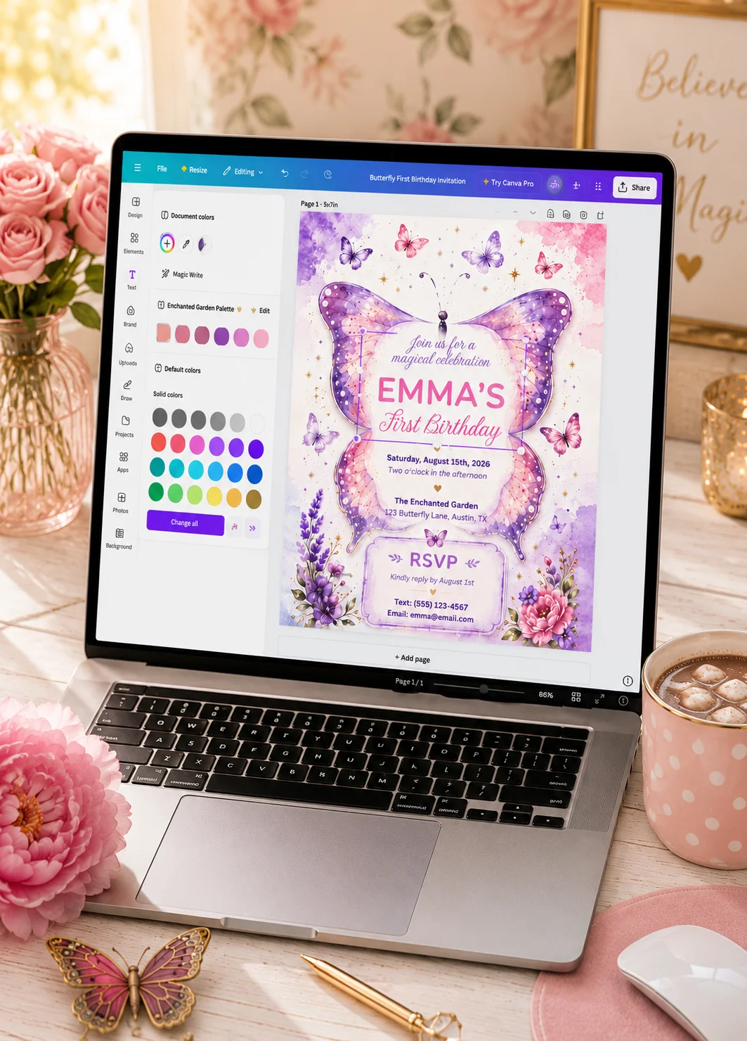 Watercolor Butterfly Editable Birthday Invitation shown in Canva with pastel butterfly wings and floral details