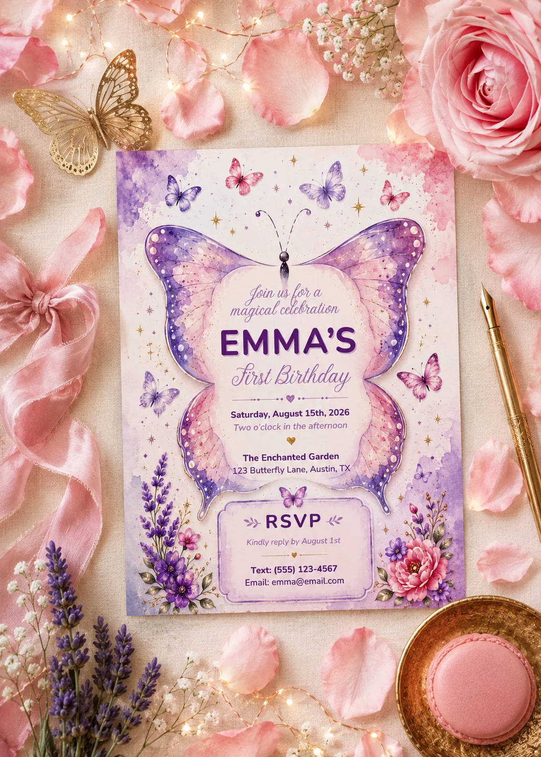 Watercolor Butterfly Editable Birthday Invitation in a floral flat lay with pink roses, ribbon, and pastel details
