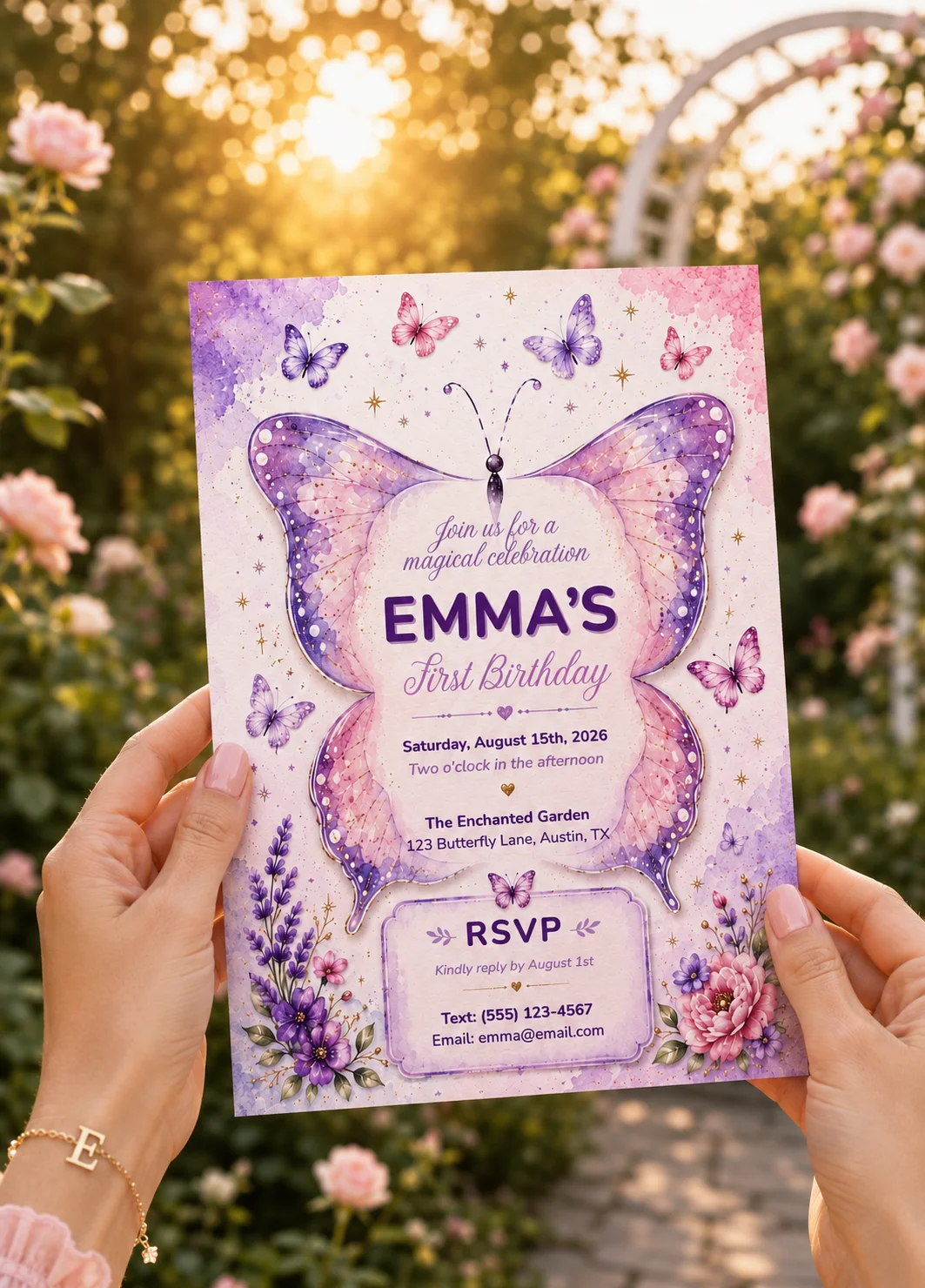Watercolor Butterfly Editable Birthday Invitation held in a garden with pastel butterflies and floral details