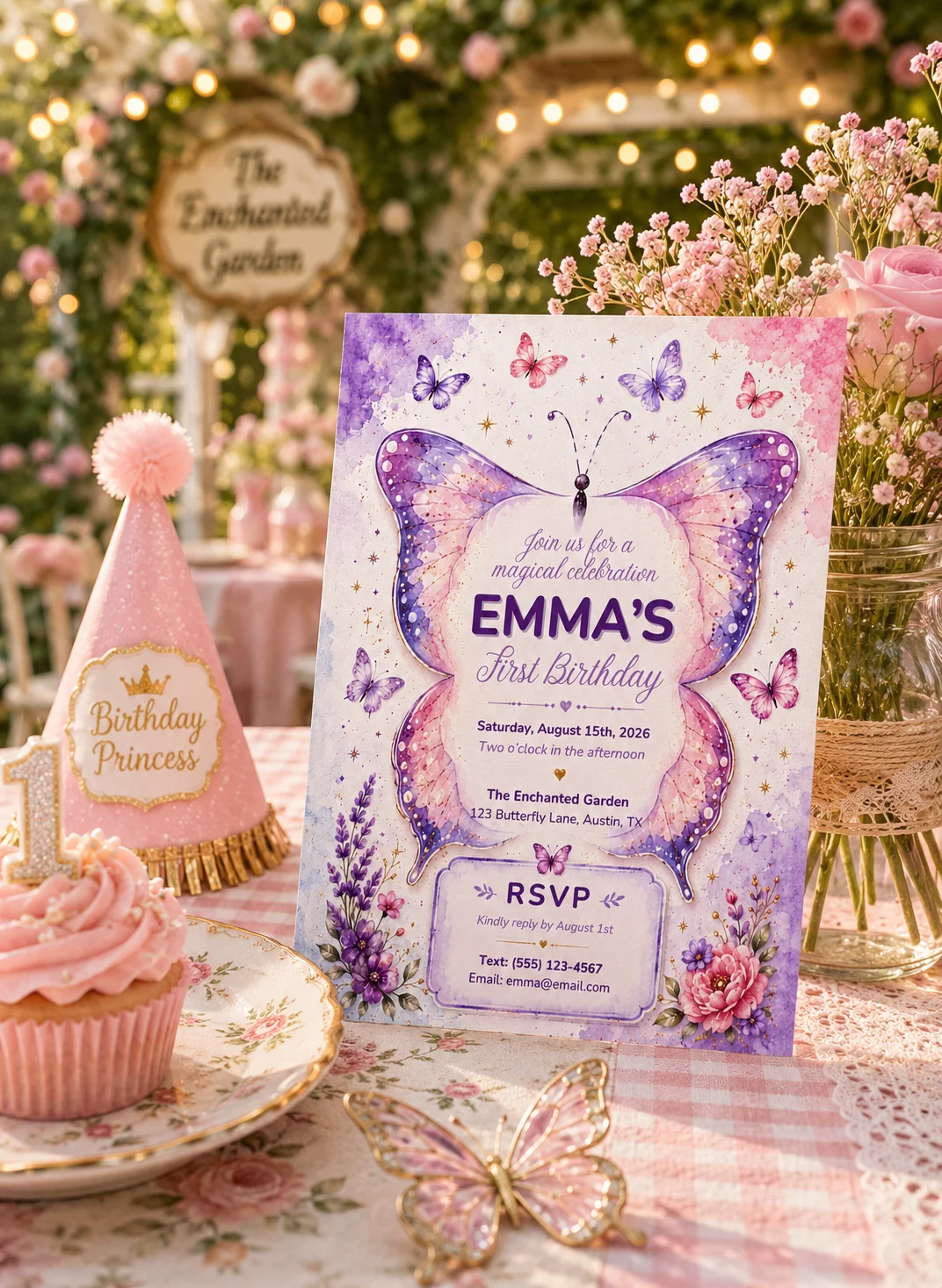 Watercolor Butterfly Editable Birthday Invitation styled on a pastel party table with florals and butterfly decor