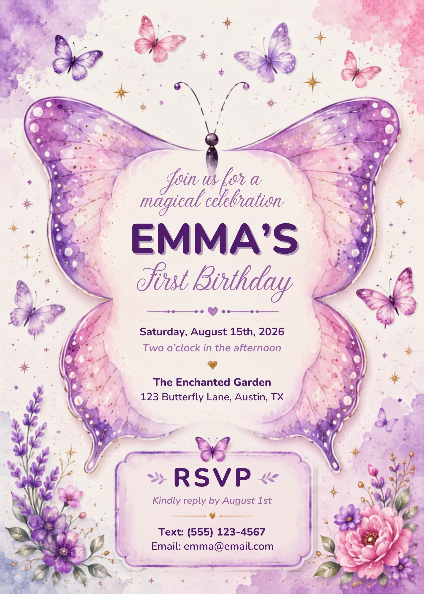 Watercolor Butterfly Editable Birthday Invitation with purple butterfly wings, soft florals, and pastel details