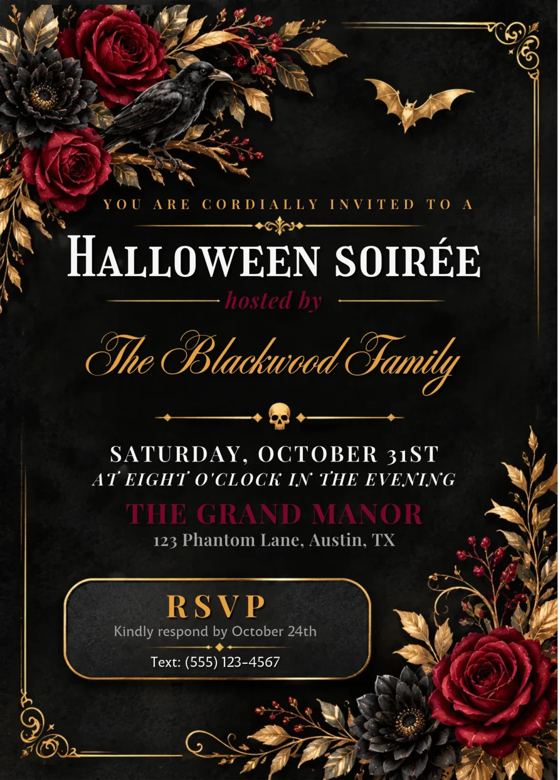 Gothic Halloween Soirée Invitation | Elegant Black & Gold Floral Party Template with Red Roses & Raven | Editable Printable — original invitation artwork