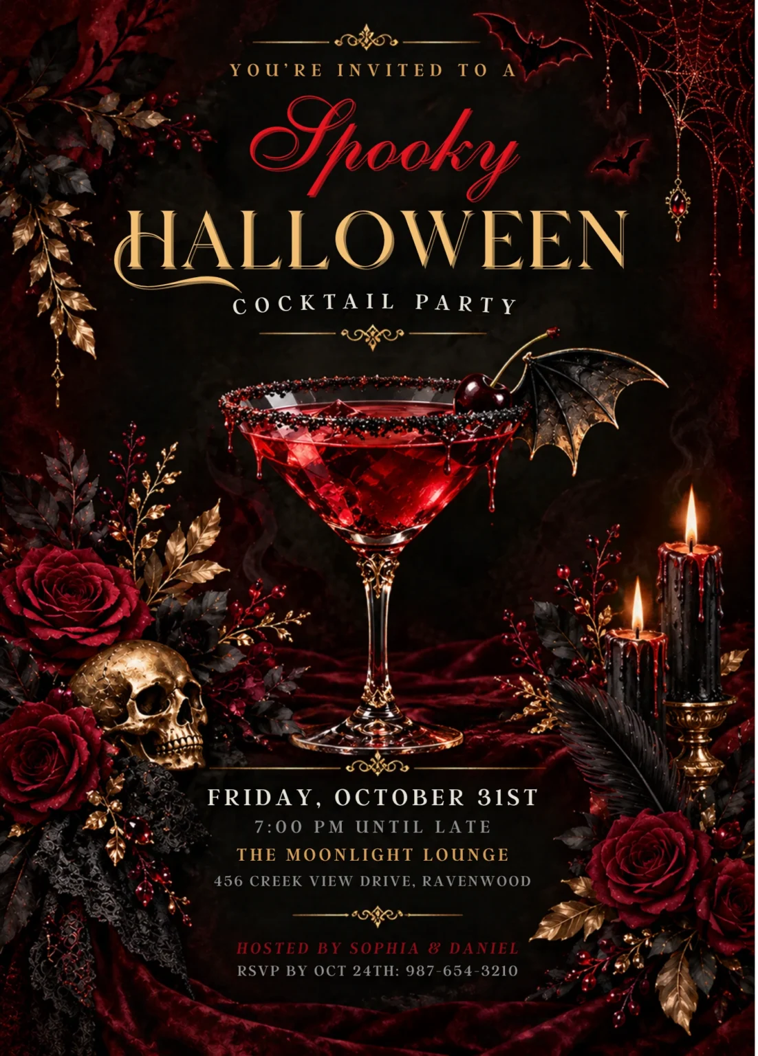 Gothic Spooky Halloween Cocktail Party Invitation | Luxury Dark Red & Gold Floral Design with Skull & Bat Wing Cocktail | Editable Printable Template — original invitation artwork