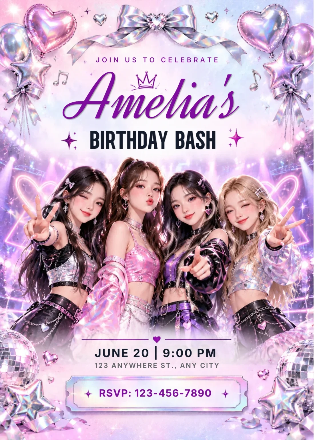 K-Pop Y2K Birthday Bash Invitation | Neon Pink & Purple Disco Theme with K-Pop Idols | Editable Printable Party Template — original invitation artwork