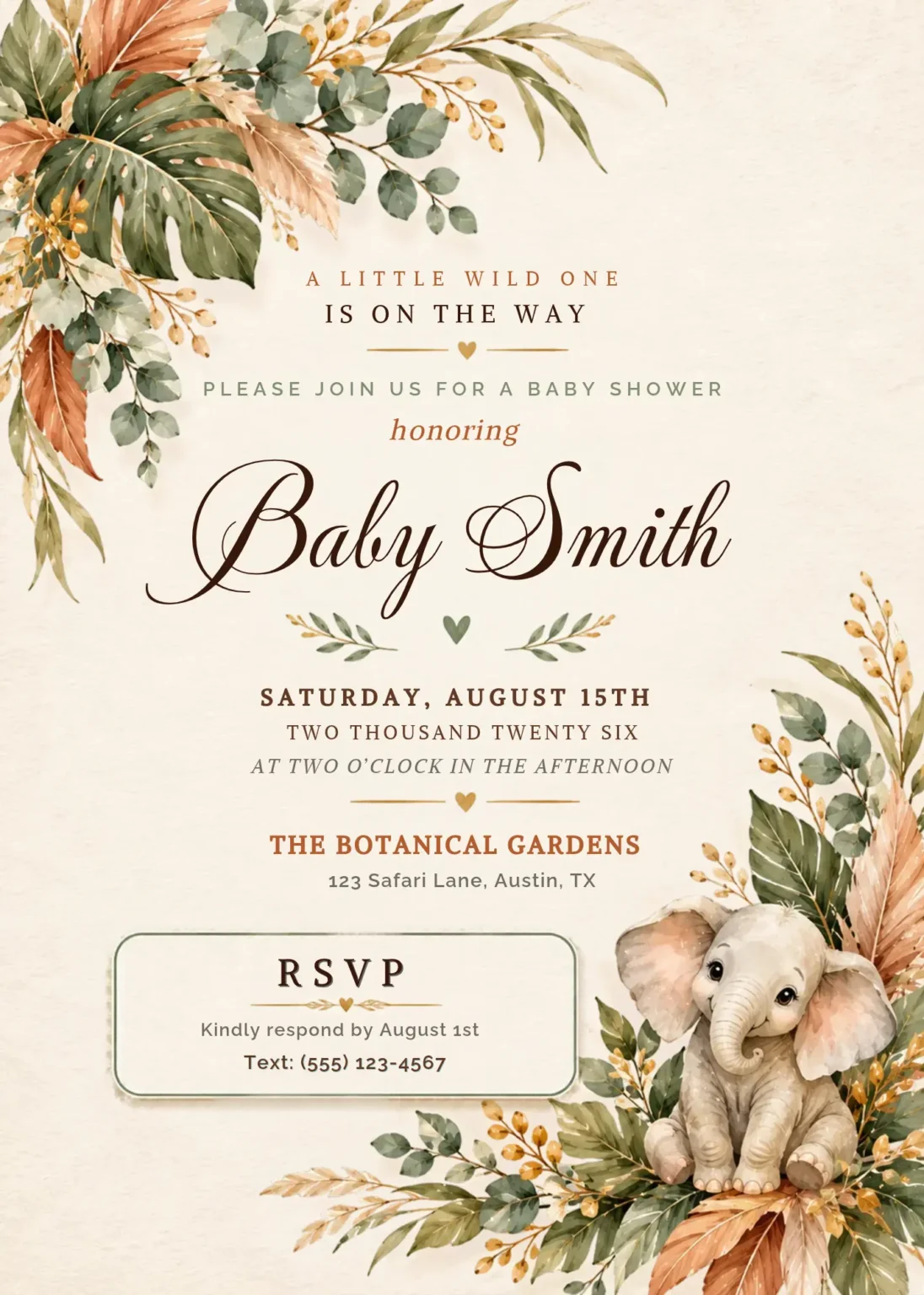 Little Wild One Safari Baby Shower Invitation Canva Editable — original invitation artwork