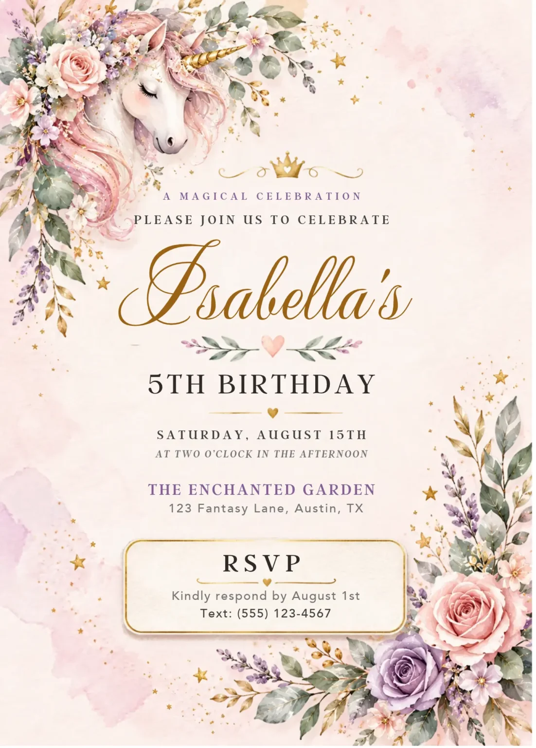 Magical Unicorn 5th Birthday Invitation | Pink Floral & Gold Editable Template — original invitation artwork