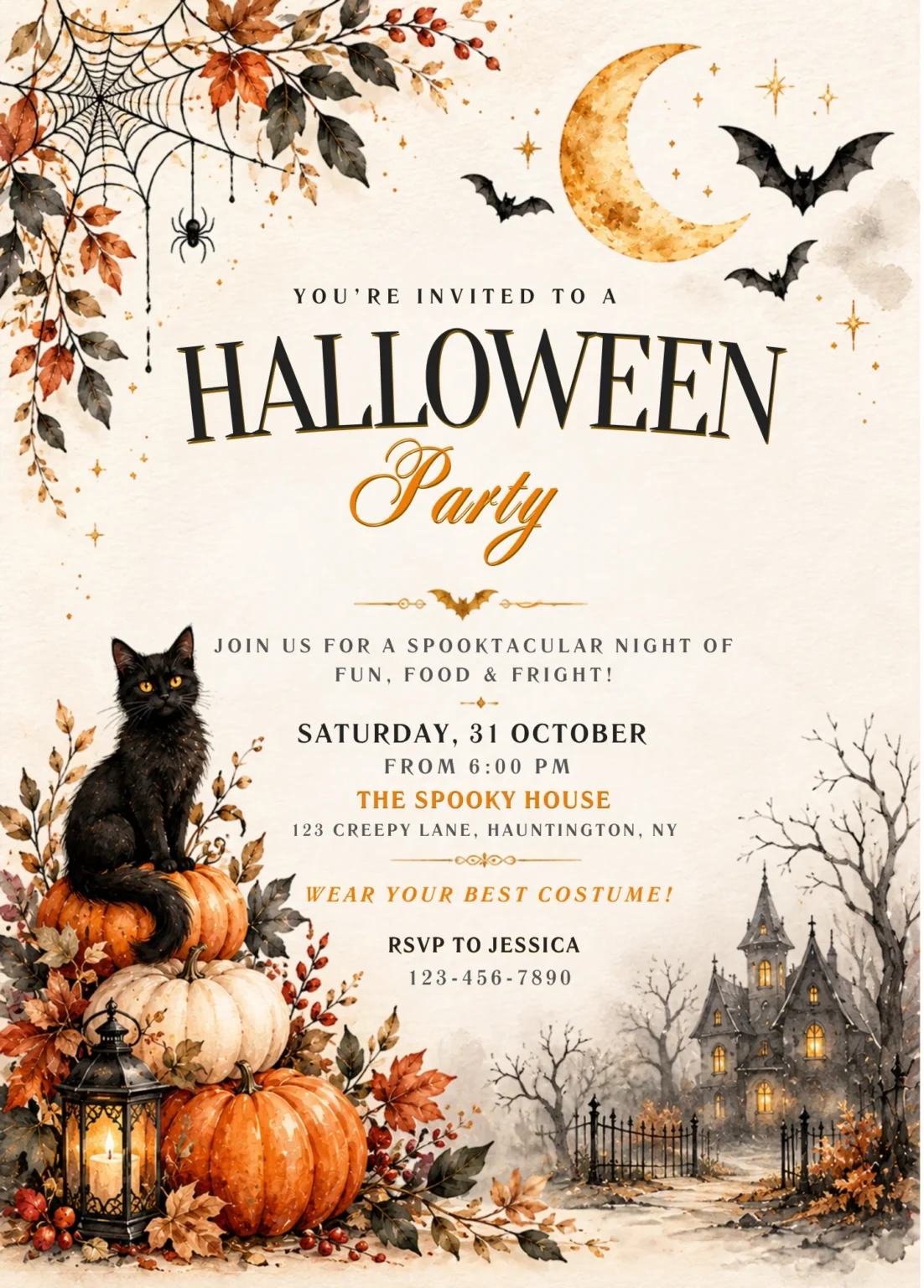 Vintage Watercolor Halloween Party Invitation | Spooky Black Cat, Pumpkins & Haunted House Design | Editable Printable Costume Party Template — original invitation artwork